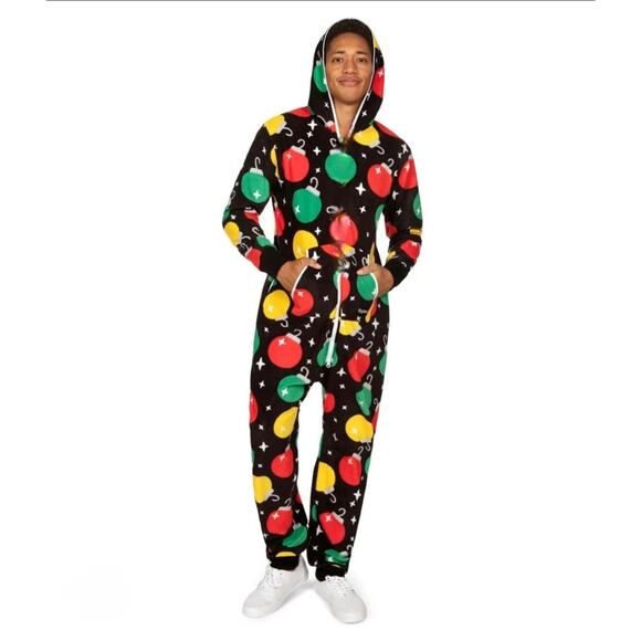 NWT Tipsy Elves Black Colorful Christmas Ornaments Fleece Jumpsuit Hoodie Mens L - Picture 1 of 8